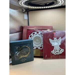 Lot of three Lenox Christmas Ornaments and tea light holder angel crystal goose